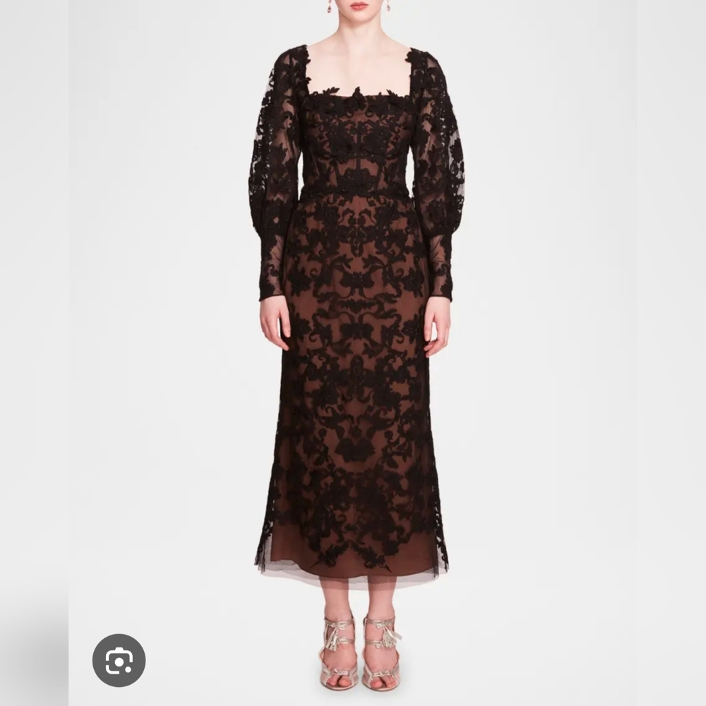 SOLD-NWT Marchesa Notte Blouson-Sleeve Lace and Applique Maxi Dress Size 8
